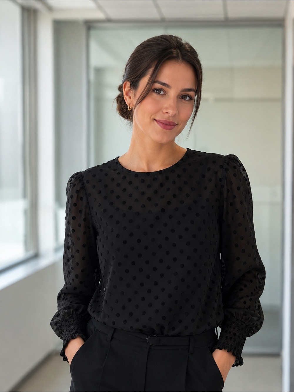LOFT Black Swiss Dot Long Sleeve Blouse